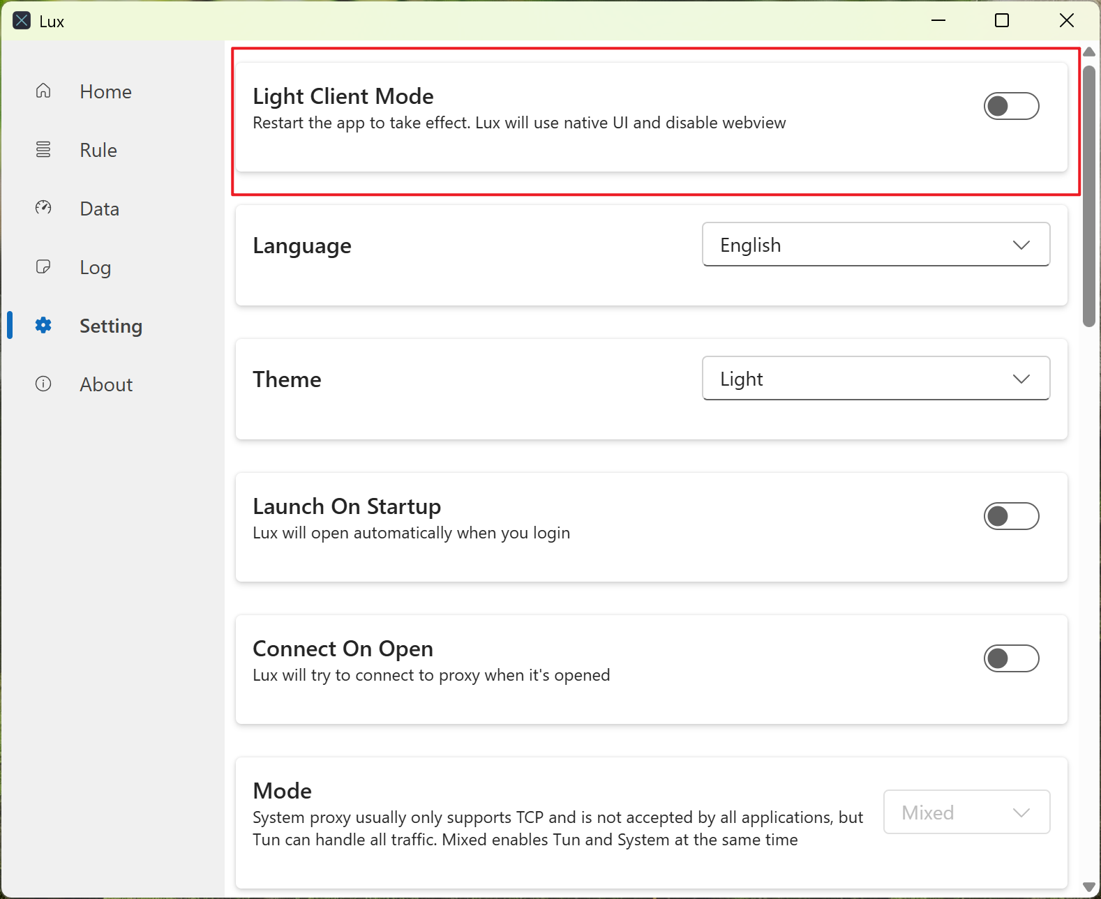 light client mode screenshot